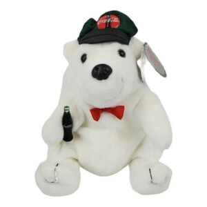 Coca Cola 90s Vintage Collectible White Polar Bear with Green Cap Plush 58